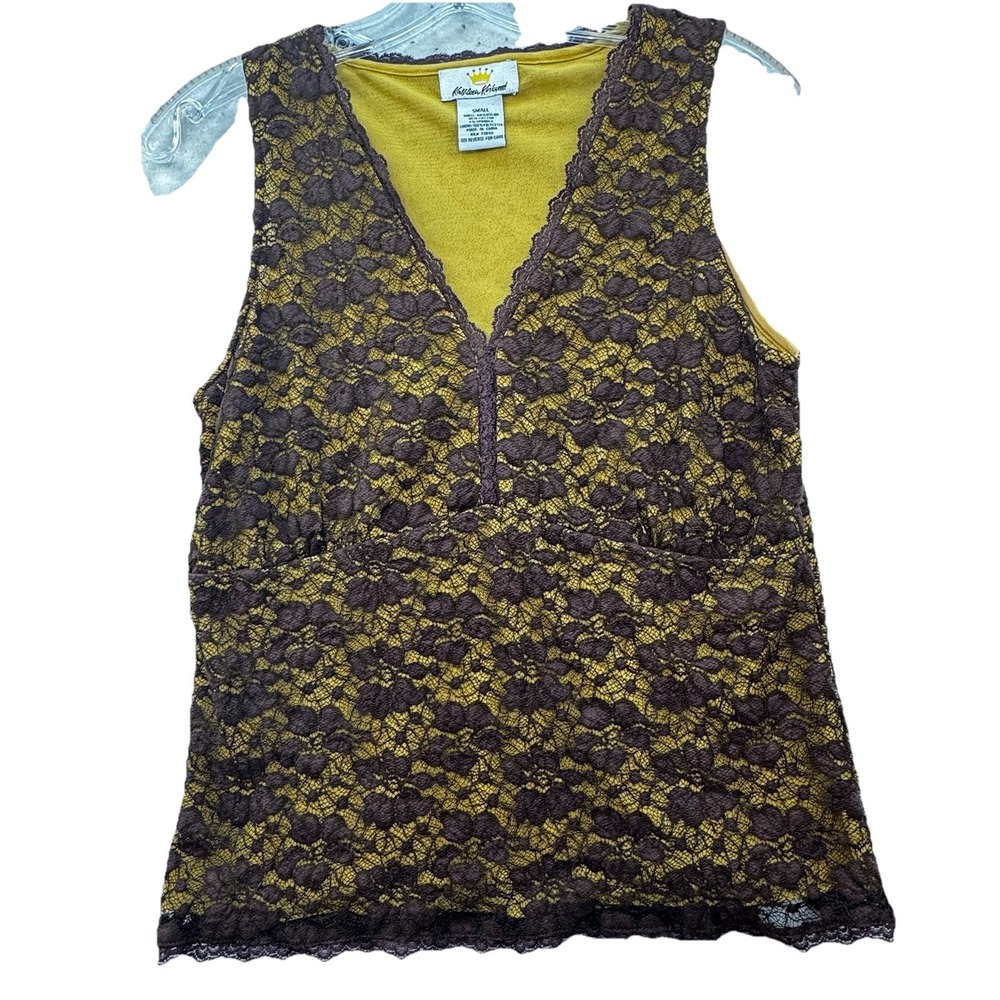 Vintage Y2K Floral Lace Babydoll Tank Top Size Small Brown Yellow Grunge Goth